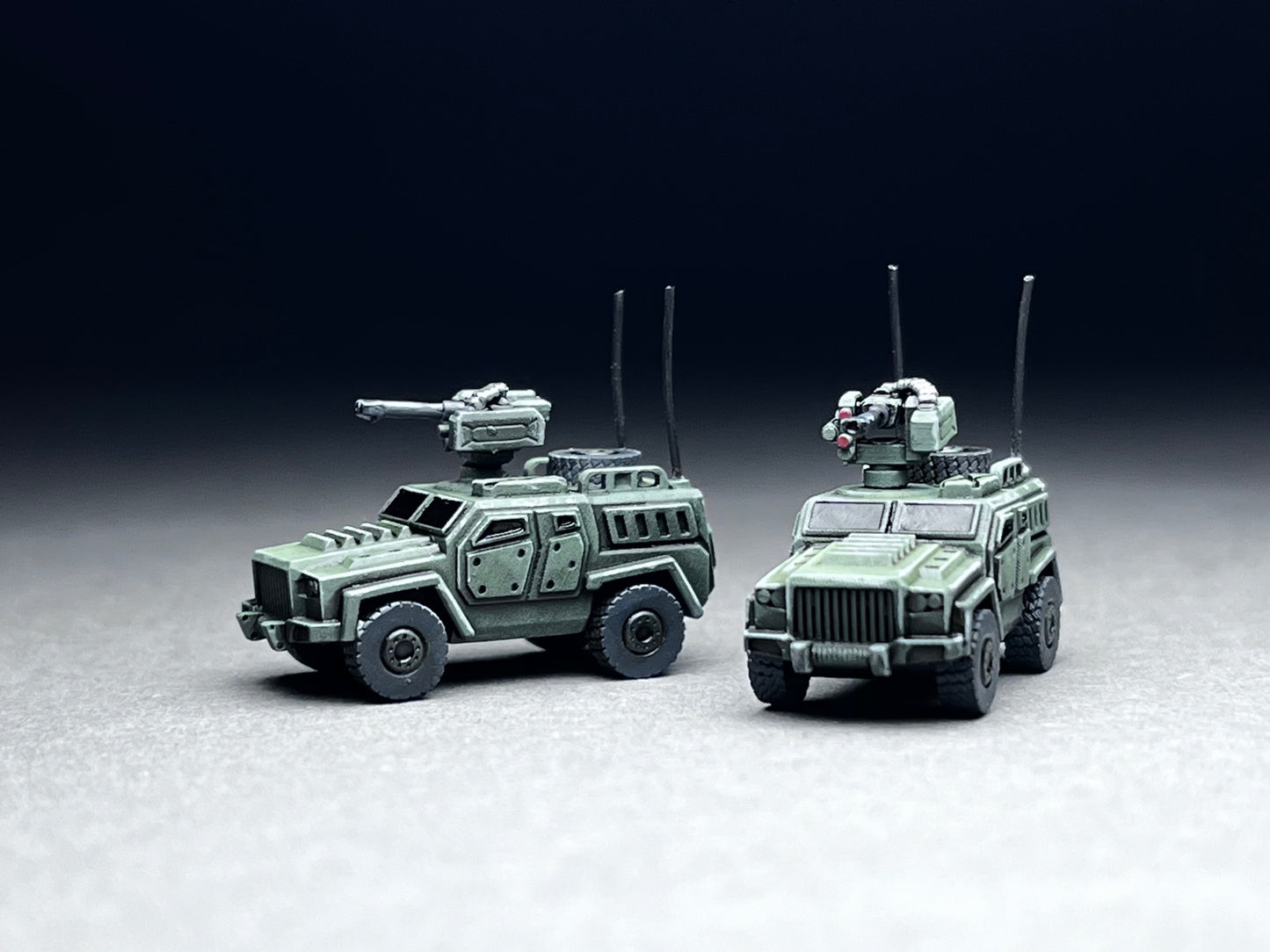 6-8mm scale - Two (2) LTV AC (autocanon), Fire support, Scout, (rubber no-break autocanon and antennas)- UNPAINTED, This is not a toy!