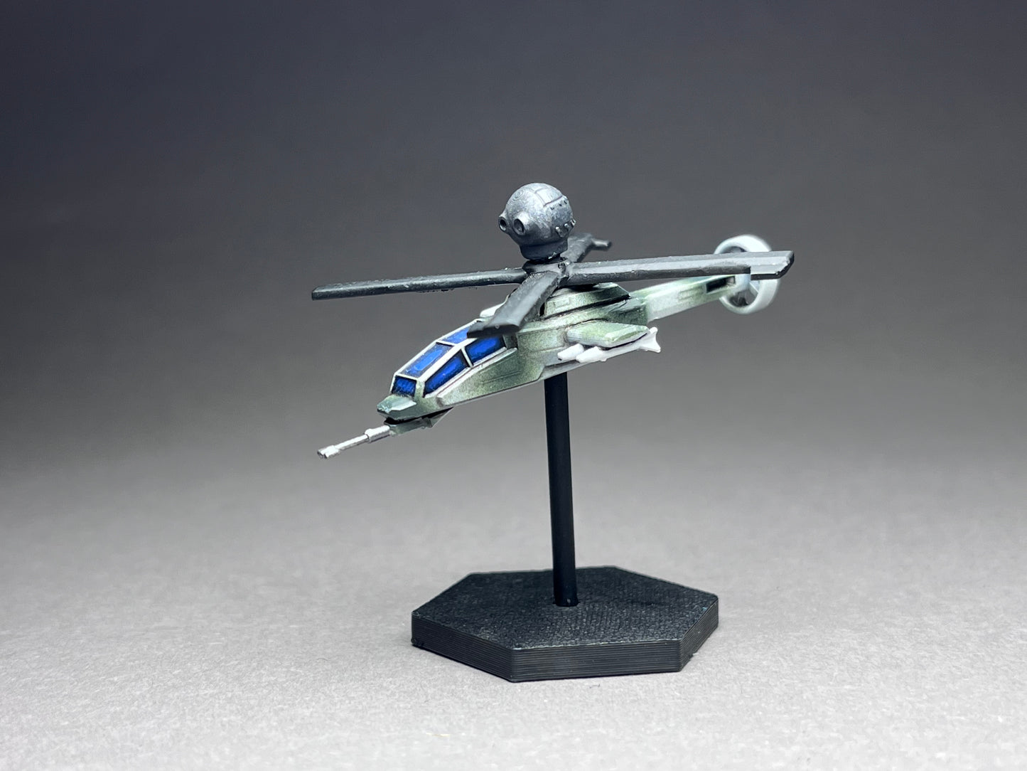 6-8mm scale - Attack Helicopter, durable rotating blades, 3 weapons, 2 radars domes, flex nose gun, flight stand- UNPAINTED, This is NOT a toy!