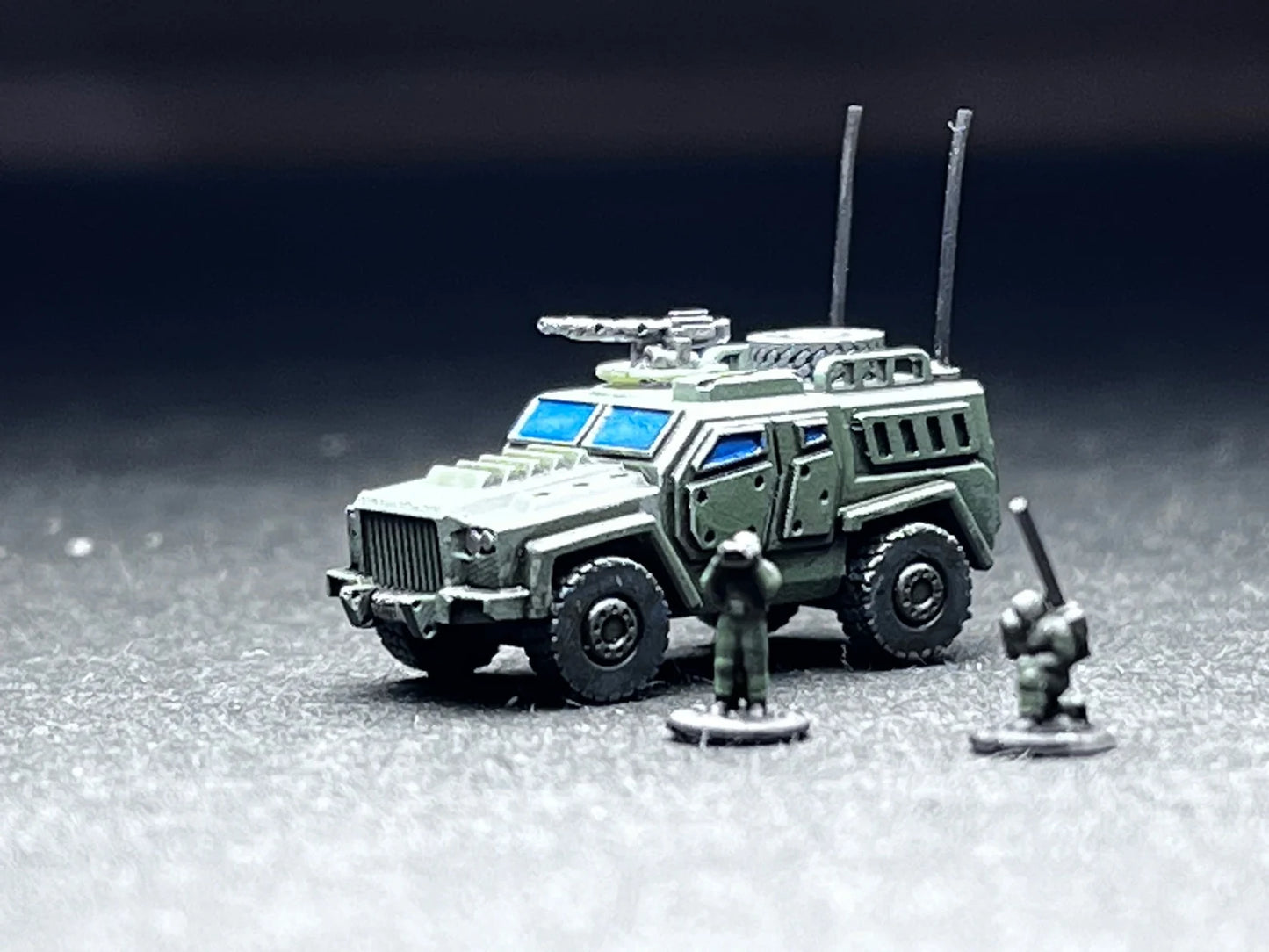6-8mm scale - Two (2) LTV Command Vehicle, Scout, Field HQ vehicle (rubber no-break machine gun and antennas)- UNPAINTED, This is not a toy!