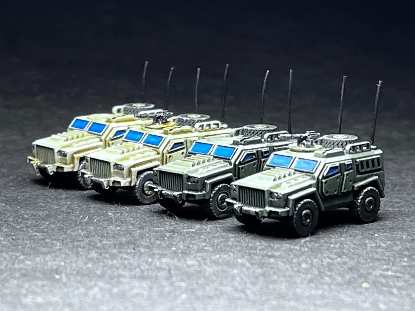 6-8mm scale - Two (2) LTV Command Vehicle, Scout, Field HQ vehicle (rubber no-break machine gun and antennas)- UNPAINTED, This is not a toy!