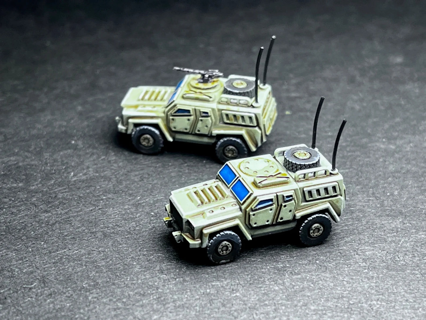 6-8mm scale - Two (2) LTV Command Vehicle, Scout, Field HQ vehicle (rubber no-break machine gun and antennas)- UNPAINTED, This is not a toy!