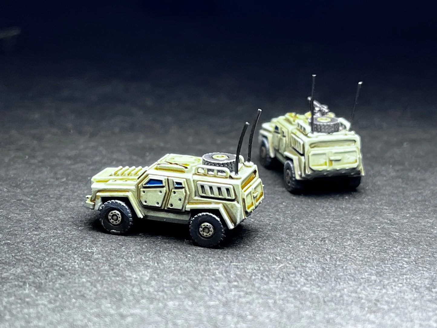 6-8mm scale - Two (2) LTV Command Vehicle, Scout, Field HQ vehicle (rubber no-break machine gun and antennas)- UNPAINTED, This is not a toy!