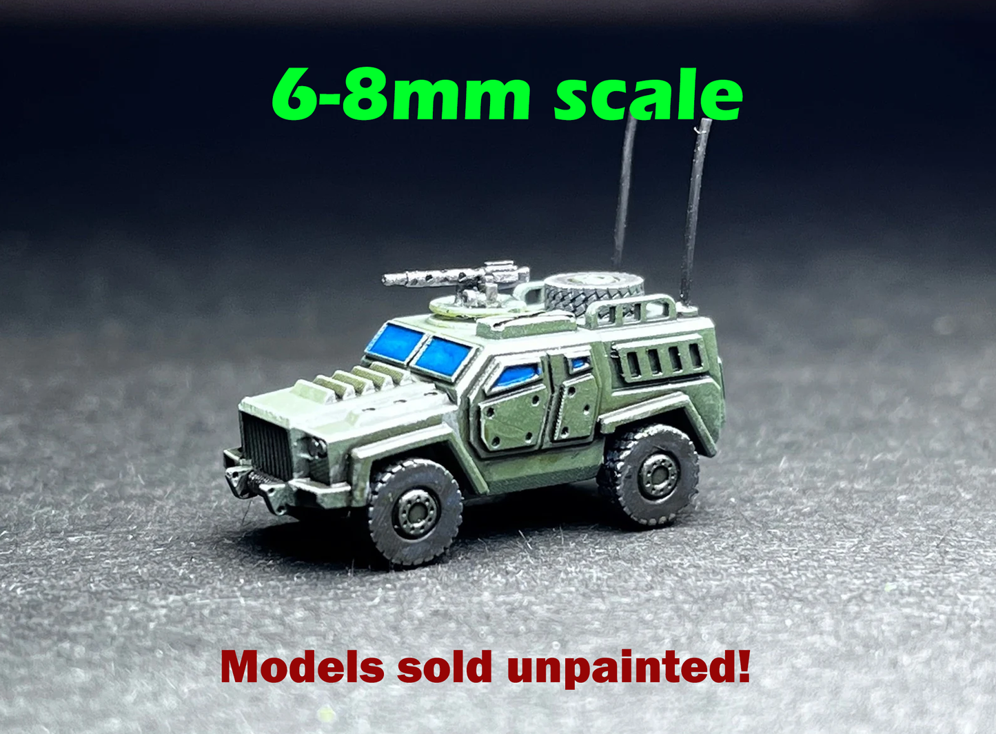 6-8mm scale - Two (2) LTV Command Vehicle, Scout, Field HQ vehicle (rubber no-break machine gun and antennas)- UNPAINTED, This is not a toy!