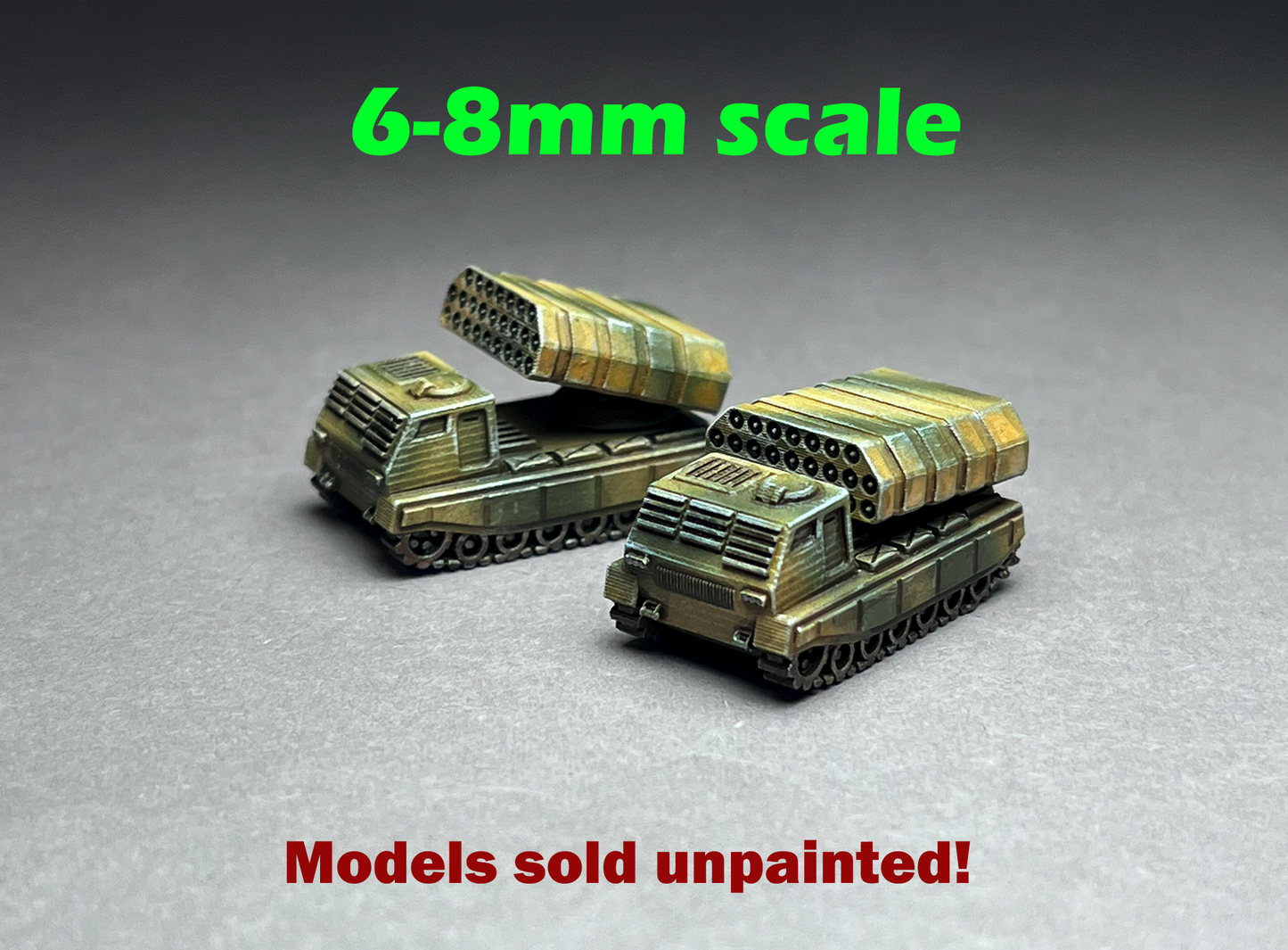 6-8mm scale - One (1) MLRS Multiple Launch Rocket System (1 vehicle, 2 missile pods) -UNPAINTED, This is NOT a toy!