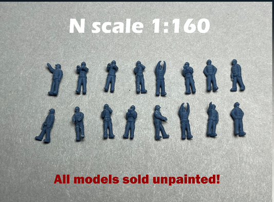 N Scale (1:160) UNPAINTED - BASELESS 16x Service Engineers in 8 Poses NOT a toy!