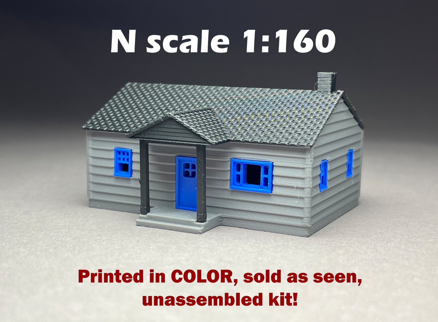 N Scale printed in COLOR! Crackerbox House with awning. Requires assembly. NOT a toy!