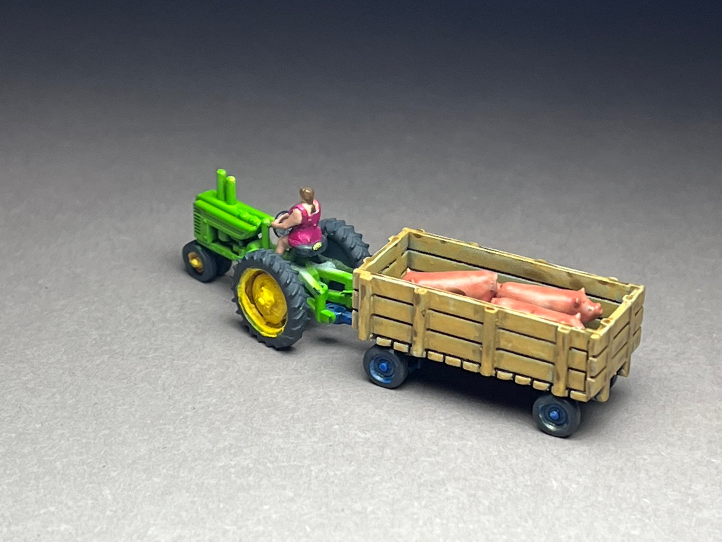 UNPAINTED N Scale (1:160 or 12mm) A antique tractor Female driver w utility wagon and hogs - NOT A TOY