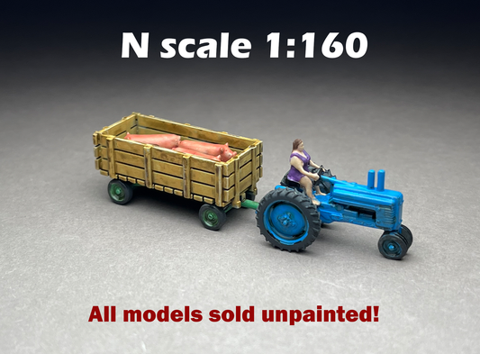 UNPAINTED N Scale (1:160 or 12mm) A antique tractor Female driver w utility wagon and hogs - NOT A TOY