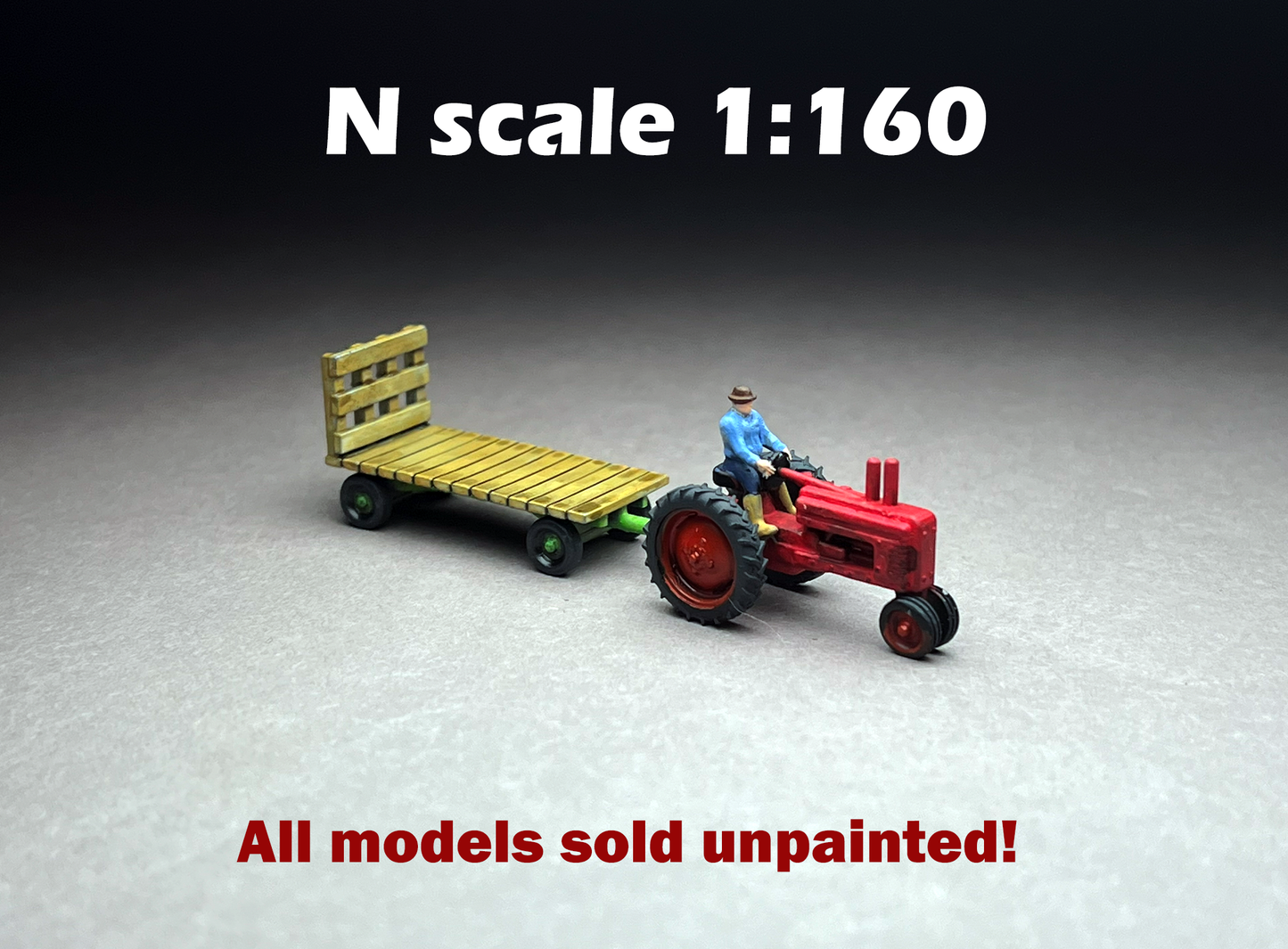 UNPAINTED N Scale (1:160 or 12mm) Antique Tractor Model A Male Driver w Flatbed Hay Wagon - NOT A TOY