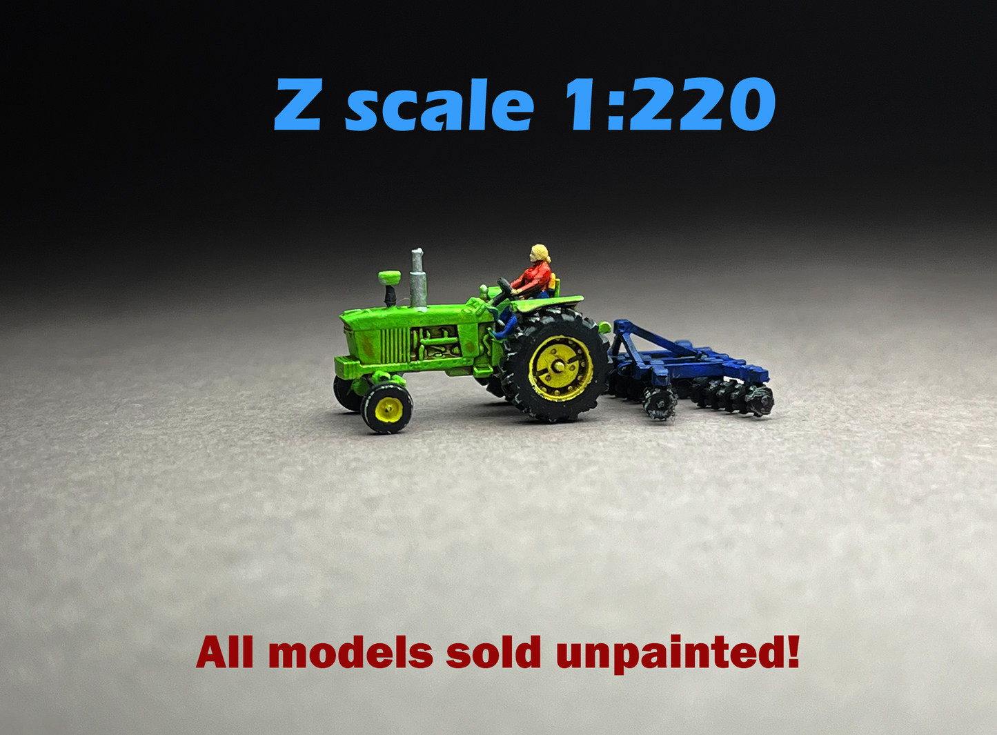 Z Scale (1:220) UNPAINTED One (1) 4020 Tractor with Harrow - NOT a toy!